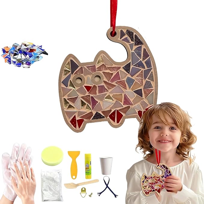 TATREBCRE DIY Mosaic Kit for Adults & Kids – Feather, Bird, Cat & Heart Designs – Christmas Gift Arts and Crafts Kit with Grout & Tools – Easy Mosaic Craft for Beginners (Cat)