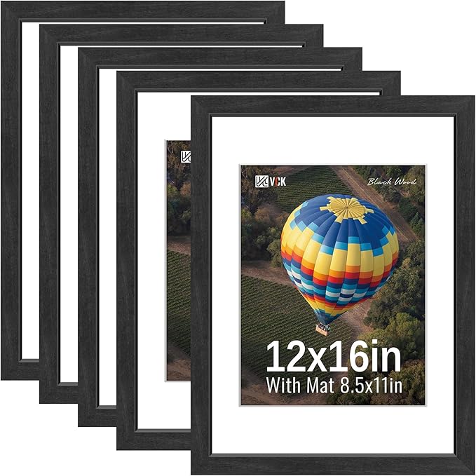 VCK 12x16 Picture Frames Black Set of 5, Wide Border Wood, Tempered Glass, Display 8.5x11 Photo with Mat or 12 x 16 without, for Home, Office, Gallery, Woodgrain Series, Wall Hanging
