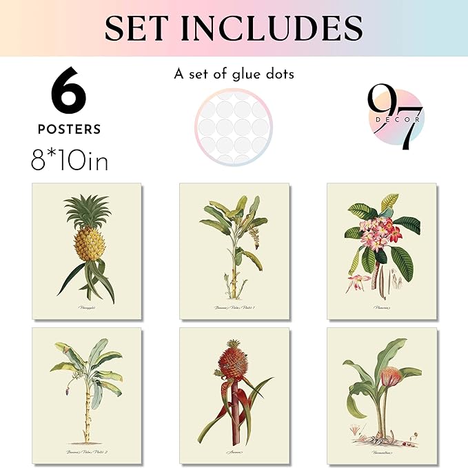 97 DECOR Vintage Tropical Botanical Wall Art - Tropical Plants Prints, Tropicals Wall Decor, Hawaiian Botanical Posters, Pineapple Pictures Banana Palm Tree Painting for Home Decoration (8x10 UNFRAMED)