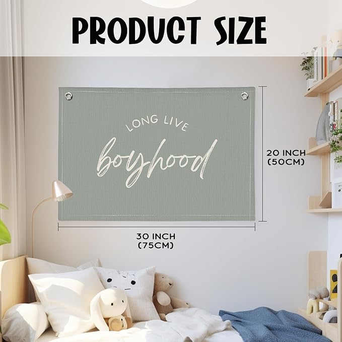 Long Live Boyhood Banner - Boys & Toddler Boy Room Decor - Linen Canvas Wall Hanging Flag