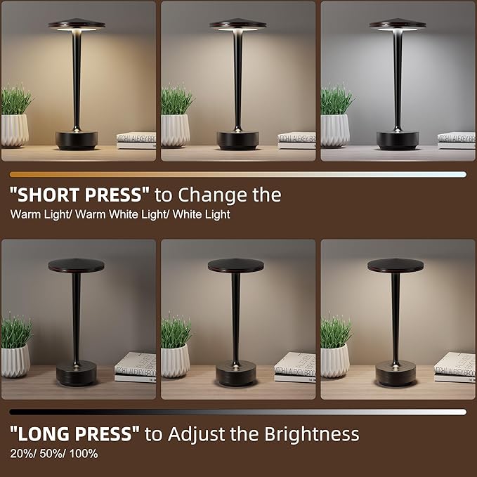 Rechargeable Cordless Table Lamp, LED Portable Powered LED Battery Light 6000mAh USB Desk Lamp, for Restaurants Outdoor (Black)