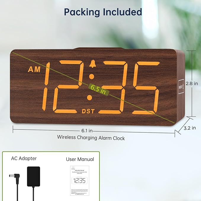DreamSky Wooden Digital Alarm Clock with Wireless Charging for Bedroom, Bedside Nightstand Clock with Charger Station, USB Port, Large Numbers, Adjustable Volume, Brightness Dimmer, DST