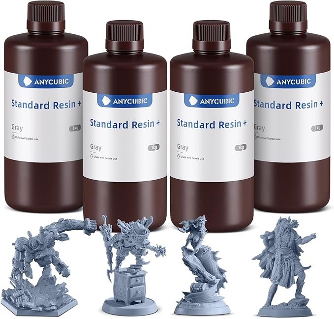ANYCUBIC Standard 3D Printer Resin Plus, 405nm SLA Fast UV-Curing Resin, High Precision & Rapid Photopolymer for 8K/14K/16K Capable LCD/DLP/SLA 3D Printing(4Packs*1kg Grey, 4kg in Total)