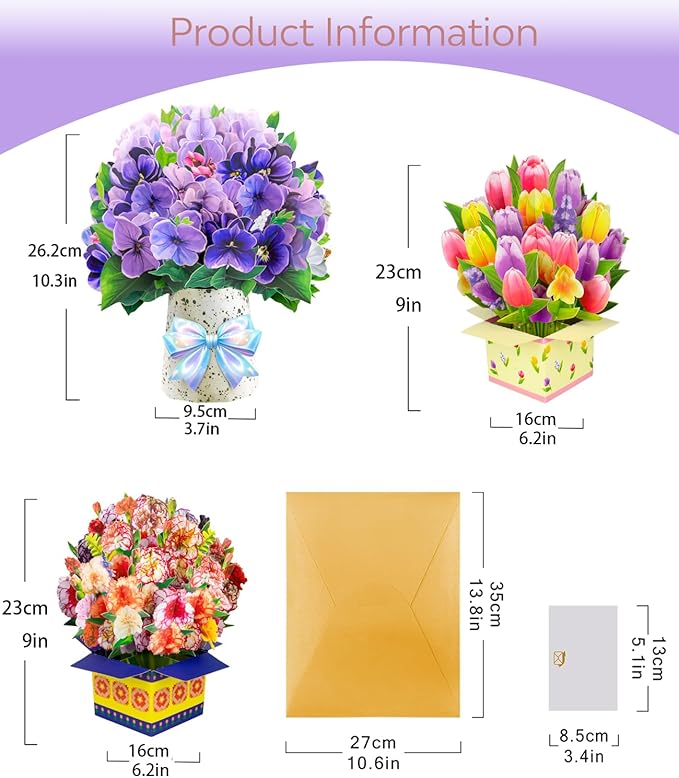 Magic Ants Pop Up Flower Bouquet Card Set – 3D Tulips, Violets & Carnations – Includes Blank Note Cards & Envelopes – for Mother's Day, Women's Birthdays, Get Well, Thank You, Sympathy