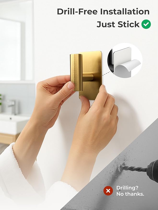 Towel Hooks for Bathrooms – 4 Pack, Brushed Gold Finish, T-Shaped Stainless Steel Adhesive Wall Hooks for Robes & Towels in Kitchen, Shower, or Closet