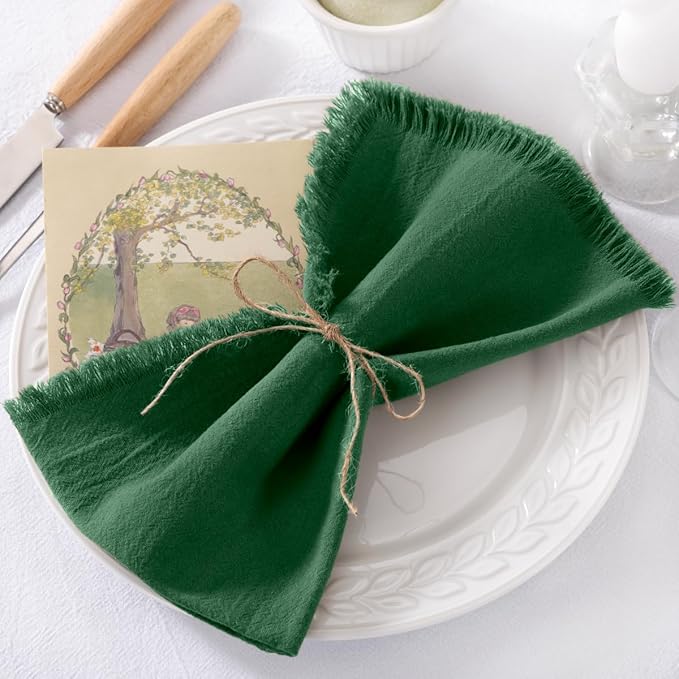 6 Pack Dark Green Cotton Linen Napkins with Fringe Christmas Green Cloth Napkins Set of 6 Boho Handmade Dinner Napkins Bulk for Wedding Bridal Baby Shower Valentine's Day, 17 x 17 Inches