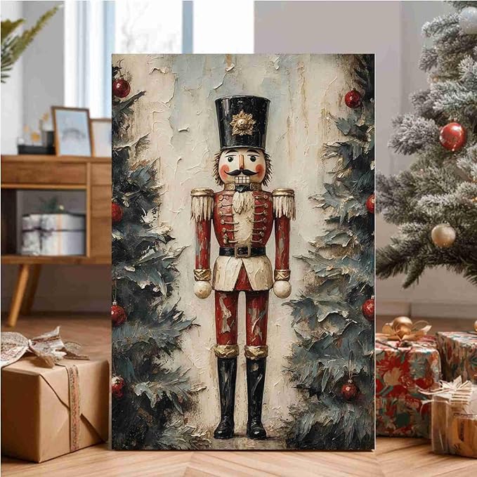 Nutcracker Soldier Vintage Christmas Art Holiday Doll Canvas Wall Art Traditional German Decor Red Uniform Soldier Prin Poster Indoor Decor for Home Offices Living Room Bedroom Framed Ready to Hang