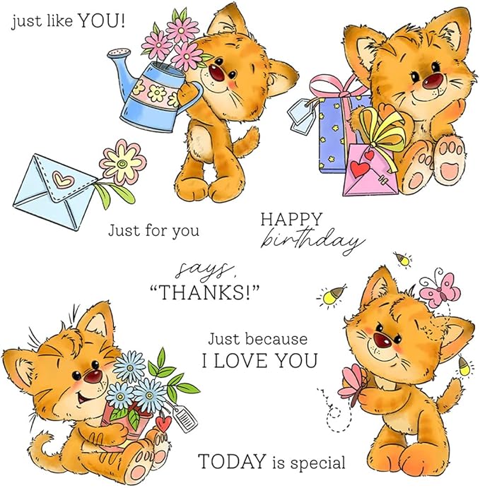 Orange Cat Flower Gift Stamps and Cutting Dies for Card Making DIY Transparent Silicone Clear Stamp and Metal Die Cuts Sets for Scrapbooking Paper Greeting Cards Decor Seals Craft Supplies