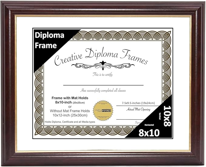 Creative Picture Frames 8x10 Mahogany Gold Rim Diploma Frame with White Mat Glass Easel and Installed Wall Hangers | Frame Holds 10x12 Media without Mat
