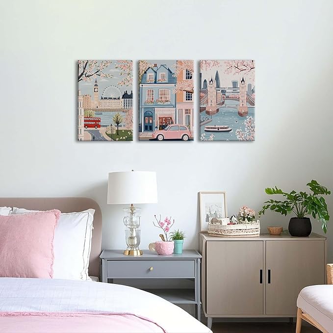 XLARTMY Watercolor City Landscape Travel Wall Art Canvas Framed Pink Cherry Flower Poster Girly Prints Painting Pictures Set of 3 for Bedroom Living Room Office 16x24in