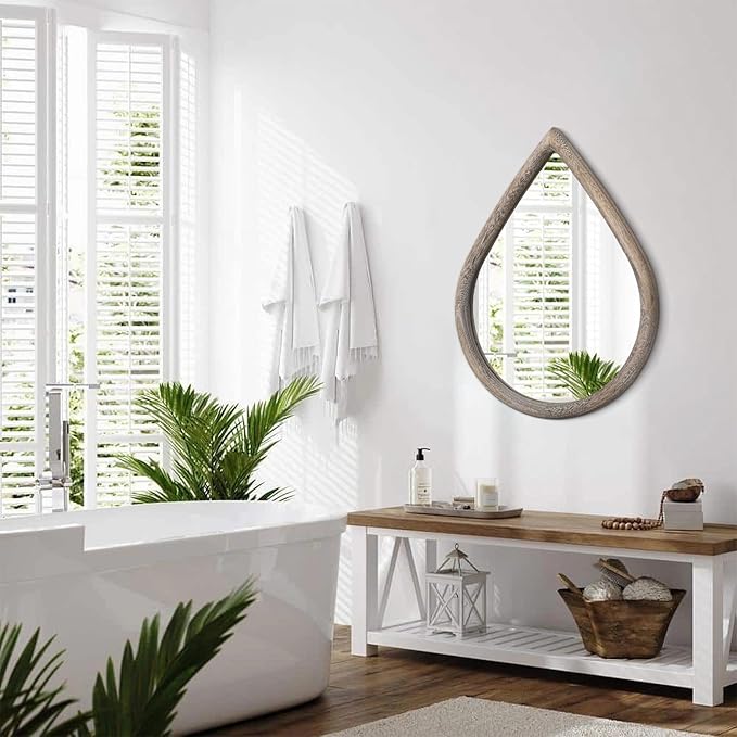Rustic Farmhouse Wall Mounted Mirror Solid Wood Frame Teardrop Mirrors Wall Decorative Mirror for Bathroom Entryway Living Room Home Decor