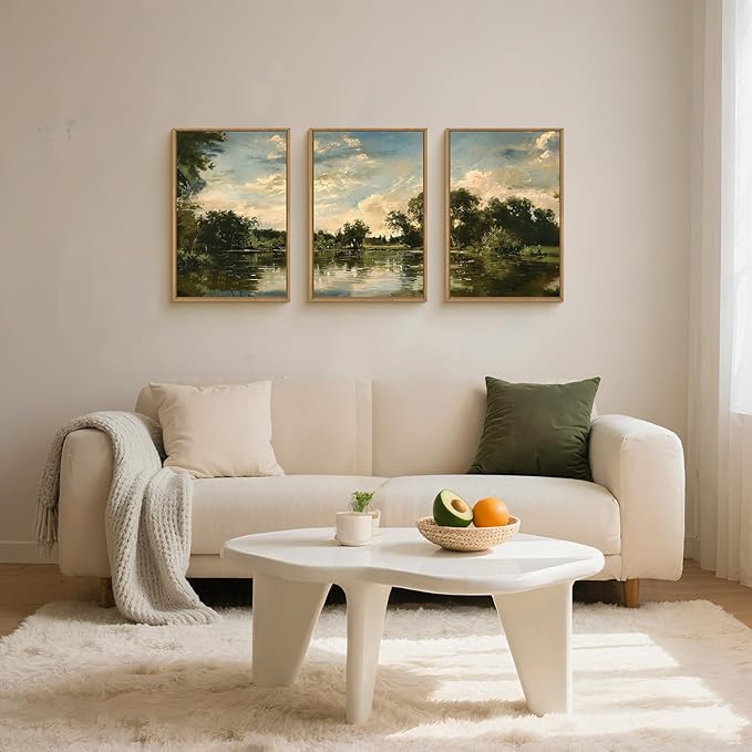 Large Natural Forest and Lake Framed Canvas Wall Art,Modern Countryside Wall Decor,Vintage Neutral Landscape Artwork,Rustic Antique Scenery Art Print for Living Room,Bedroom,Office- 16"x24"x3