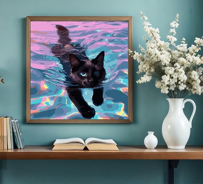 CSZPPQAF Paint by Numbers Kit for Adults Beginner, Black Cat Swimming Paint by Number Kits on Canvas, DIY Easy Acrylic Watercolor Oil Painting by Numbers for Home Wall Decor 16X16inch