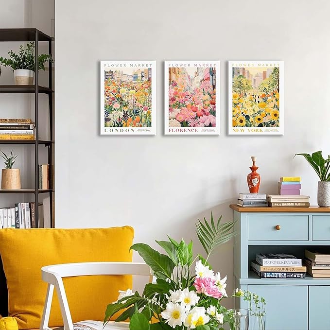 XLARTMY Flower Market Wall Art Print Canvas Framed Yellow Pink Floral Paintings Colorful Botanical Sunflower Artwork Travel Poster for Decor Picture 3 pieces for Living Room Bedroom Bathroom 12x16in