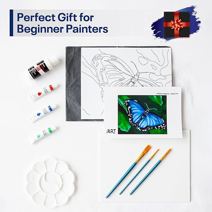 DIY Art Painting Kit for Adults – Learn to Paint Blue Butterfly with Video Tutorials – 9 Pieces Acrylic Paint Set for Kids – Perfect Christmas Gifts for Grandkids, Beginners & Art Lovers