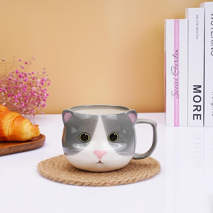 Cat Mug 14 oz Cute Ceramic 3D Porcelain Tea Cup for Women, Kawaii Gifts for Cat Lovers, Christmas, Housewarming, Holiday, Birthday Gifts for Women, Mom, Kids, Men and Friends