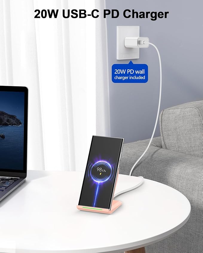 Wireless Charger with USB C Phone Charger, Qi Certified Charging Stand with 20W PD Adapter Compatible with iPhone 17/17 Air/16/15/14/13/12, Phone Charging Dock for Samsung Galaxy S25/S24/S23/S22/S21