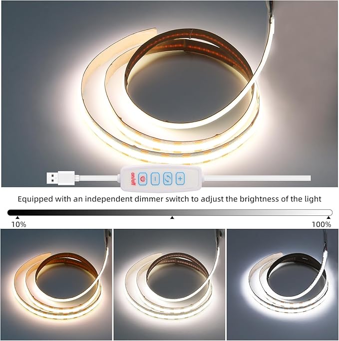LED Strip Lights 5V USB COB LED Lights 1.64ft 320LEDs Flexible Cuttable USB TV Backlight Three Colors Dimmable Under Cabinet Tape Light with adhensive for Bedroom Home DIY Lighting Room Lights