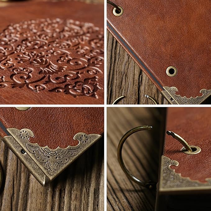 Photo Album or DIY Scrapbook (10x10 inch 50 Pages Double Sided), Vintage Leather Cover Three-Ring Binder Picture Booth Albums with 9 Colors 408pcs Self Adhesive Photos Corners for Memory Keep