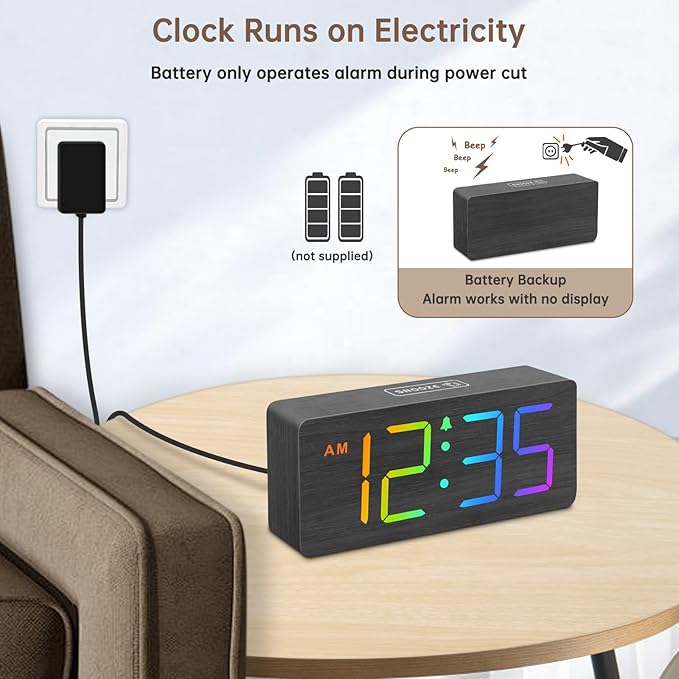 DreamSky Wooden Digital Clock for Bedroom Desk - RGB Loud Alarm Clock for Heavy Sleepers with Volume Control, Large Numbers with Dimmer for Living Room Office, Wood Decor (Plug in Clock)