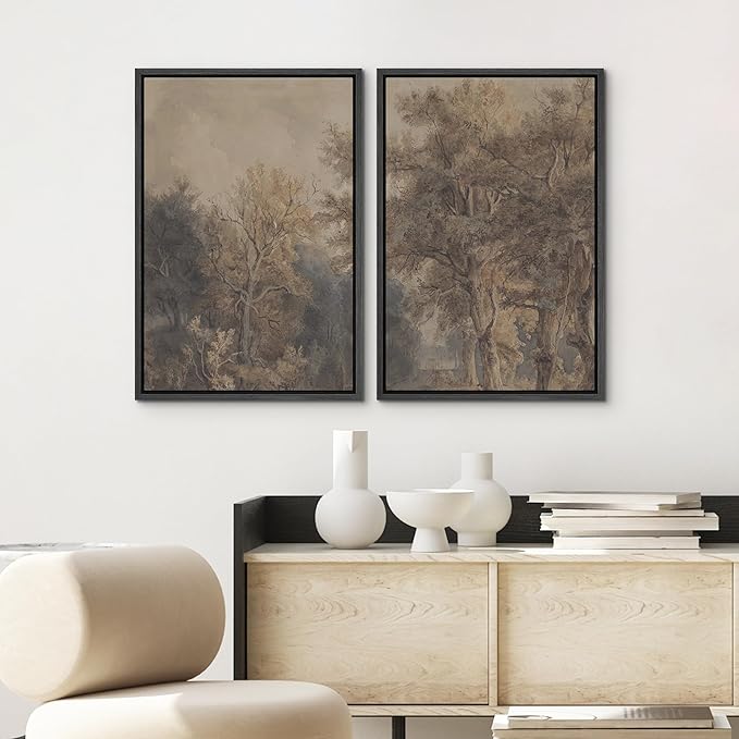 SIGNWIN Framed Canvas Print Wall Art Set Vintage Tree Sketch Classic Sepia-Toned Forest Illustrations Modern Art Scenic Colorful for Living Room, Bedroom, Office - 24"x36"x2 Black