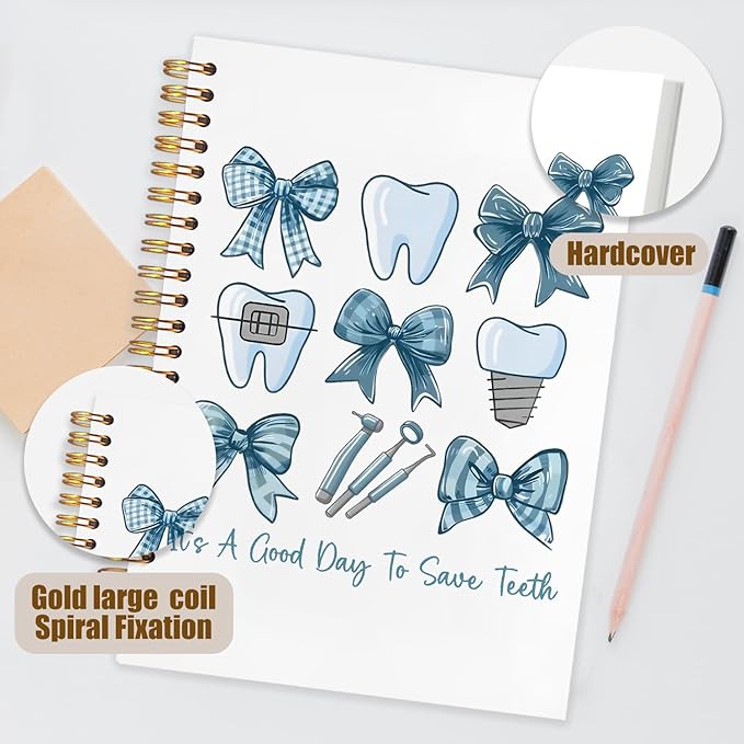 Blue Coquette Bow Dentist Notebook, Dental Gifts for Coworkers Journal, Dental Hygienist Gifts Spiral Notebook Journal for Note Taking, Dentist Office Supplies, 5.5x8.3 Inch