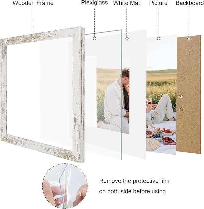 12x12 Picture Frame Set of 9, Photo Gallery Wall Frame Set, Display Pictures 8x8 with Mat or 12 x 12 Without Mat, Square Frame Picture Frames Collage Wall Decor, Distressed White