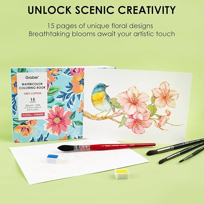 Grabie Watercolor Coloring Book, 15 Sheets Art Pad A5 (8.3 x 5.8), Cotton Watercolor Book for Adults(Floral)