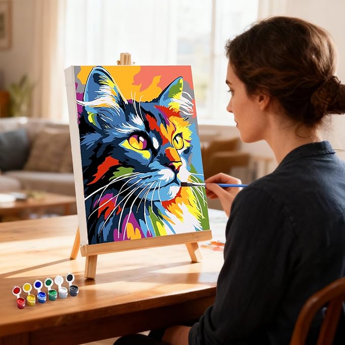MXJSUA Colorful Cat Framed Paint by Numbers for Adults Beginners, Easy Adults' Paint-by-Number Kits on Canvas with Easel, Animal Acrylic Number Painting Crafts Kits Gifts for Home Decor, 8x12inch