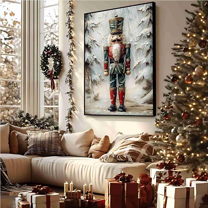 Nutcracker Christmas Art Print Vintage Holiday Decor Winter Nutcracker Wall Art Vintage Toy Soldier Print Festive Winter Poster Indoor Decor for Home Offices Living Room Bedroom Framed Ready to Hang
