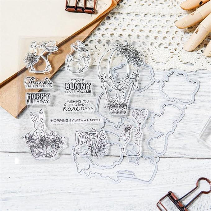 Hot Air Balloon Flower Rabbit Stamps and Cutting Dies for Card Making DIY Transparent Silicone Clear Stamp and Metal Die Cuts Sets for Scrapbooking Paper Greeting Cards Decor Seals Craft Supplies