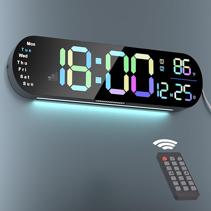 Digital Wall Clock with 13.7-Inch Display, Wall Clock with 9-Color Backlight, Remote Control, Dual Alarms, DST Mode, and Indoor Temperature, Modern Digital Clock