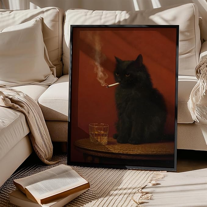 Black Cat Canvas Wall Art, Cat Smoking A Cigarette with Alcohol Oil Painting Poster, Funny Animal Whimsical Bar Cart Print, Quirky Home Bar Pub Man Cave Wall Decor 12x16in Unframed