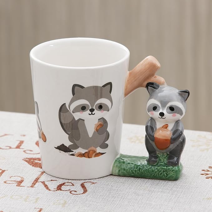 Ceramic Mug for Home & Office, Creative Porcelain 3D Animal Cup with Handle for Coffee, Tea, Juice, Milk & Water, 13.5 oz. Raccoon Mug Gift, 4.3" H