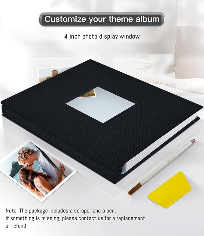 Popotop Photo Album Self Adhesive with Picture Display Window,60 Pages DIY Scrapbooking Supplies Kit for 4x6 8x10 Picture,Linen Cover Memory Book for Baby Wedding, with Scraper and Metallic Pen