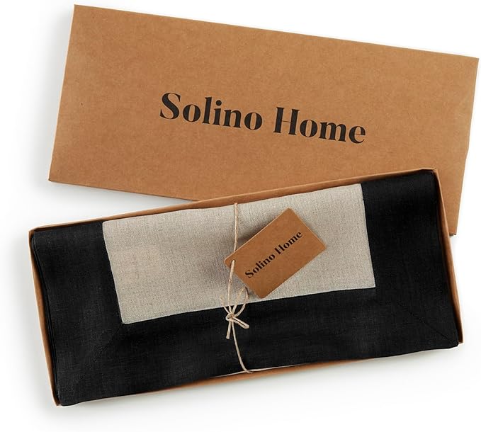 Solino Home Linen Table Runner 108 Inches Long - Black and Natural 100% Pure Linen 14 x 108 Inch Table Runner for Dining, Winter - Contempo