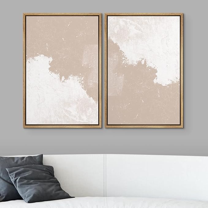 SIGNWIN Framed Canvas Print Wall Art Set Grunge Pastel Paint Stroke Landscape Abstract Shapes Illustrations Modern Art Minimal Decorative Nordic for Living Room, Bedroom, Office - 24"x36"x2 Natural