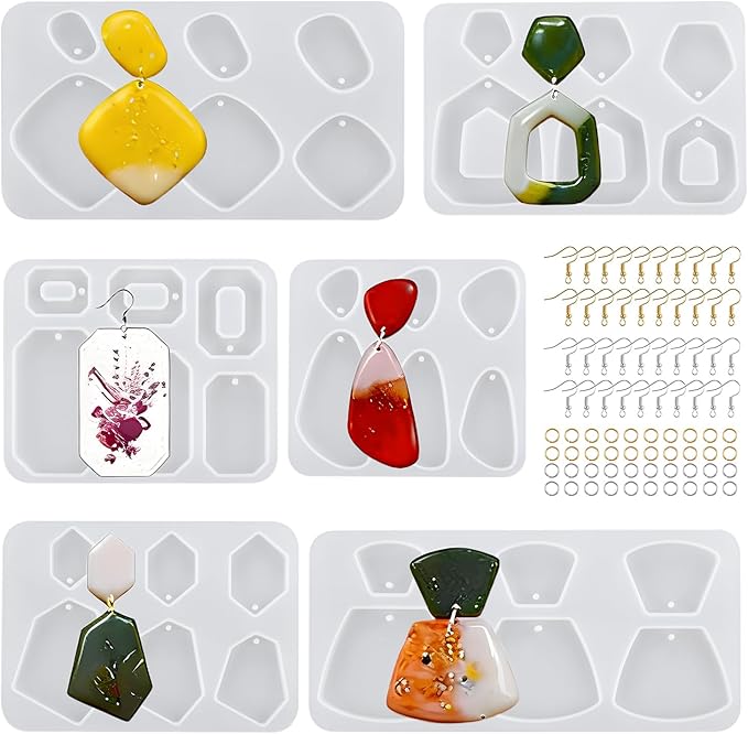 6Pcs Earring Resin Silicone Molds with 40 Earring Hooks, Epoxy Resin Jewelry Molds Silicone Set for Casting Irregular Shape Mold for Earrings Pendant Necklace Bracelet Keychain (6 Pcs-Medium)
