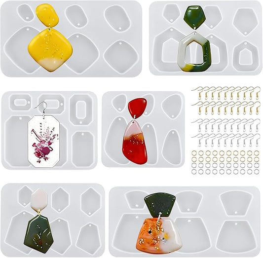 6Pcs Earring Resin Silicone Molds with 40 Earring Hooks, Epoxy Resin Jewelry Molds Silicone Set for Casting Irregular Shape Mold for Earrings Pendant Necklace Bracelet Keychain (6 Pcs-Medium)