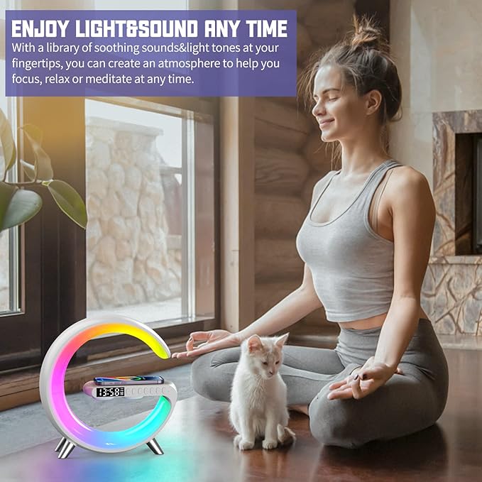 Smart LED Table Lamp, 4-in-1 Wireless Charger, Music Rhythm Ambient Night Light, Alarm Clock, and Bluetooth Speaker with App Control, G-Shaped Lamp for Bedroom, Office and Home Decor (White)
