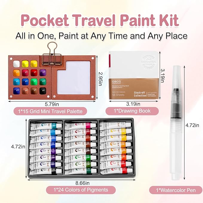 Mini Watercolor Travel Set, Tiny Watercolor Paint Set, Portable Mini Paint Kit with Walnut Wooden Box, SketchBook, Pen, Clip, Pocket Water Color Travel Kit for Painters Artists (24 Color, 15 Grids)