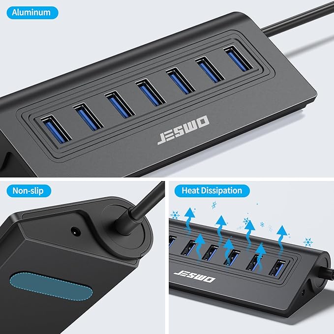 Powered USB Hub, JESWO 7-Port USB 3.0 Hub, Aluminum USB Data Hub with 3.3ft Cable, USB Hub 3.0 Powered with 20W Power Adapter for MacBook, Mac Pro/mini, iMac, XPS, PC, USB-Flash Drives, etc. (Black)