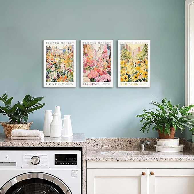 XLARTMY Flower Market Wall Art Print Canvas Framed Yellow Pink Floral Paintings Colorful Botanical Sunflower Artwork Travel Poster for Decor Picture 3 pieces for Living Room Bedroom Bathroom 16x24in