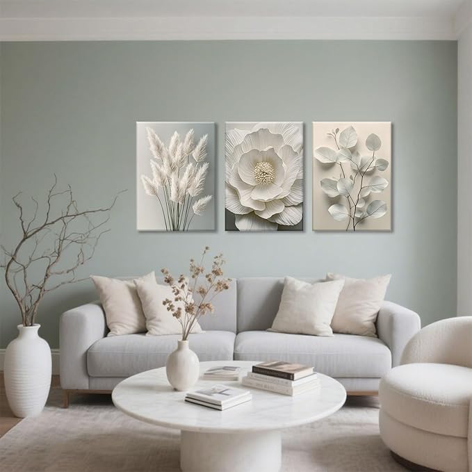 TUEASKY 3 Piece Canvas Wall Art Beige Wall Decor Flower Pictures Floral Art Prints Neutral Botanical Paintings Minimalist Artwork For Bedroom Living Room Office