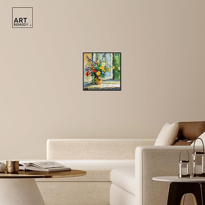Art Remedy Vase By The Window Framed Impressionism 1 Piece Canvas Wall Art/Monet And Van Gogh Inspired Art, 21" x 21", Black Frame