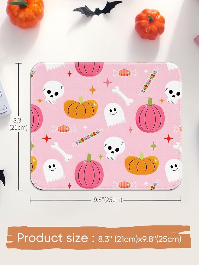 Seorsok Cute Fall Autumn Pumpkin Mouse Mat,Skeleton Skull Decor Mouse Pads for Office Laptop,Washable Square Mousepads with Extended Stitched Edges Non Slip Rubber Base 9.5"x7.8"x0.12" Inch,Pink