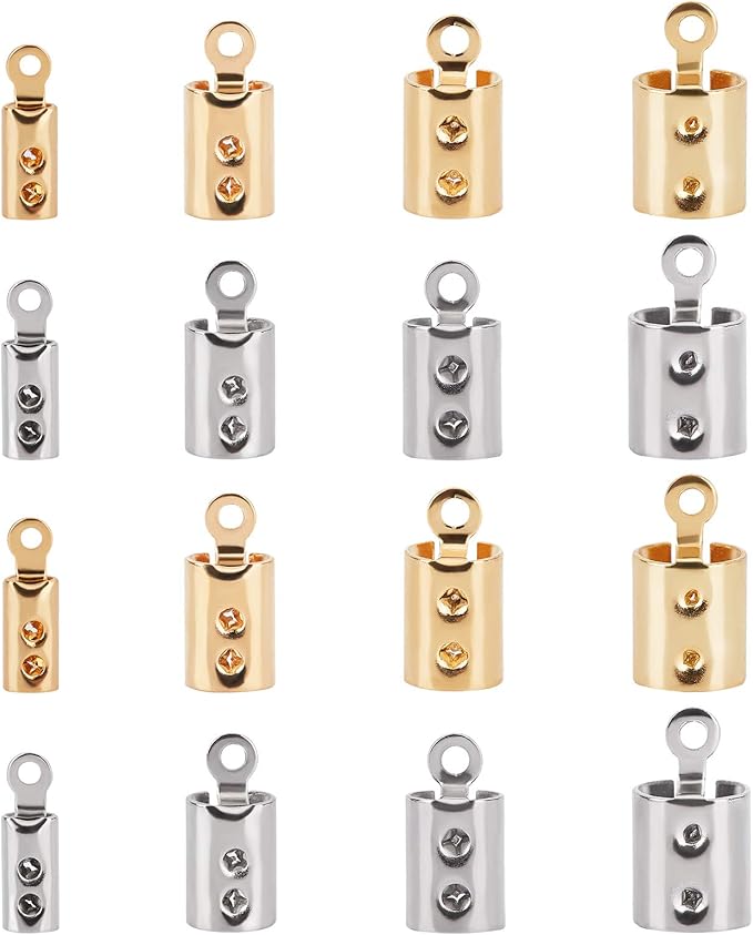 UNICRAFTALE About 80pcs 4 Sizes 2.5/3/4/5.5mm Leather Crimps Ends for Jewelry Making, Golden & Stainless Steel Color Folding Crimp Ends, Fold Over Cord Ends Jewelry Finding Kit for Bracelets