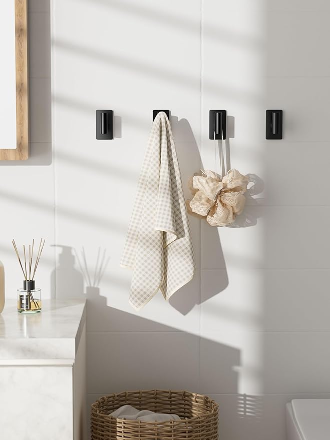 Towel Hooks for Bathrooms – 4 Pack, Matte Black Finish, T-Shaped Stainless Steel Adhesive Wall Hooks for Robes & Towels in Kitchen, Shower, or Closet