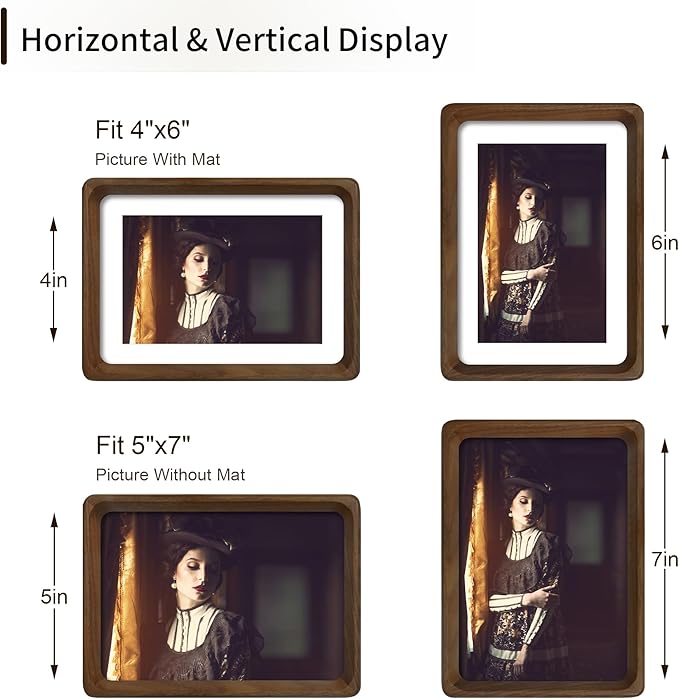 5x7 Picture Frame Natural Walnut Wood with Mat for 4x6, Original Natural Solid Wood 5 by 7 Photo Frames with Tempered Glass Cover for Wall and Tabletop Display