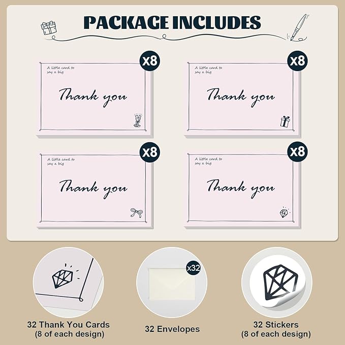 32 Pack Thank You Cards with Envelopes and Sealing Stickers, 4x6 Inch Blank Notes, Hand Painted Designs, 300gsm Premium Cardstock, Bulk Cards for Wedding, Graduation, Baby Shower, Anniversaries